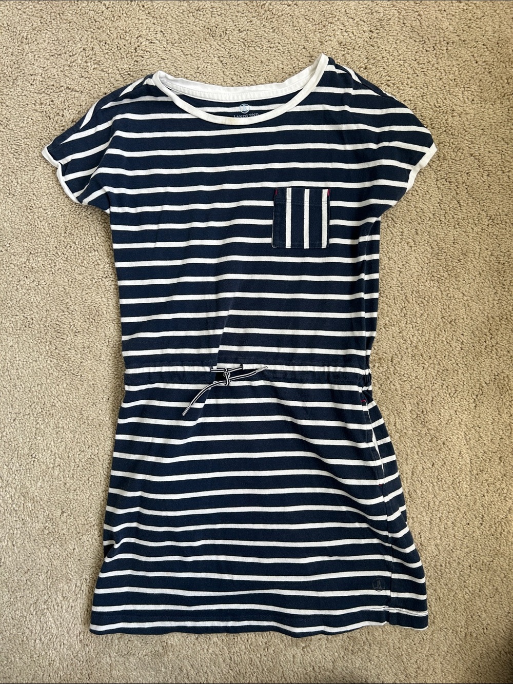 Lands’ End Navy + White Striped Tie-Waist Tee Dress, S (7-8)